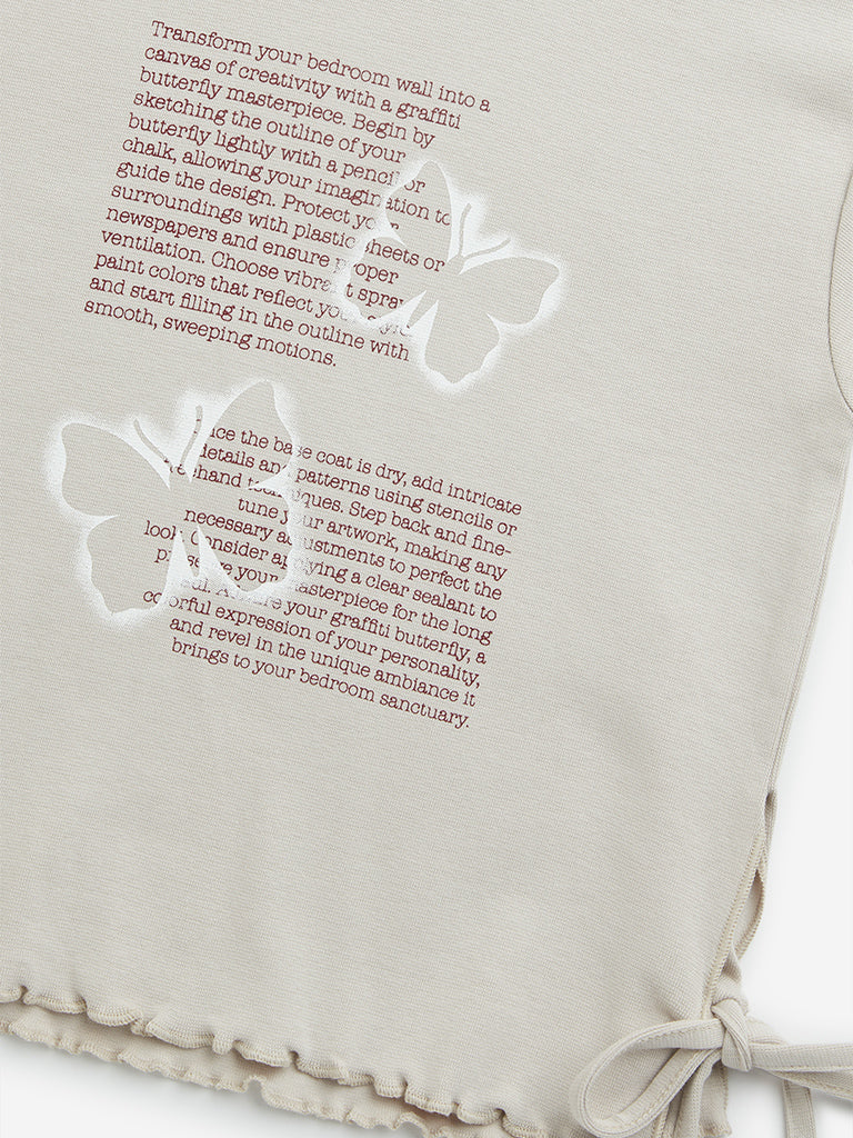 Westside Y&F Girl's Light Beige Typographic Print Cotton T-Shirt for Casual Wear Zoomed View