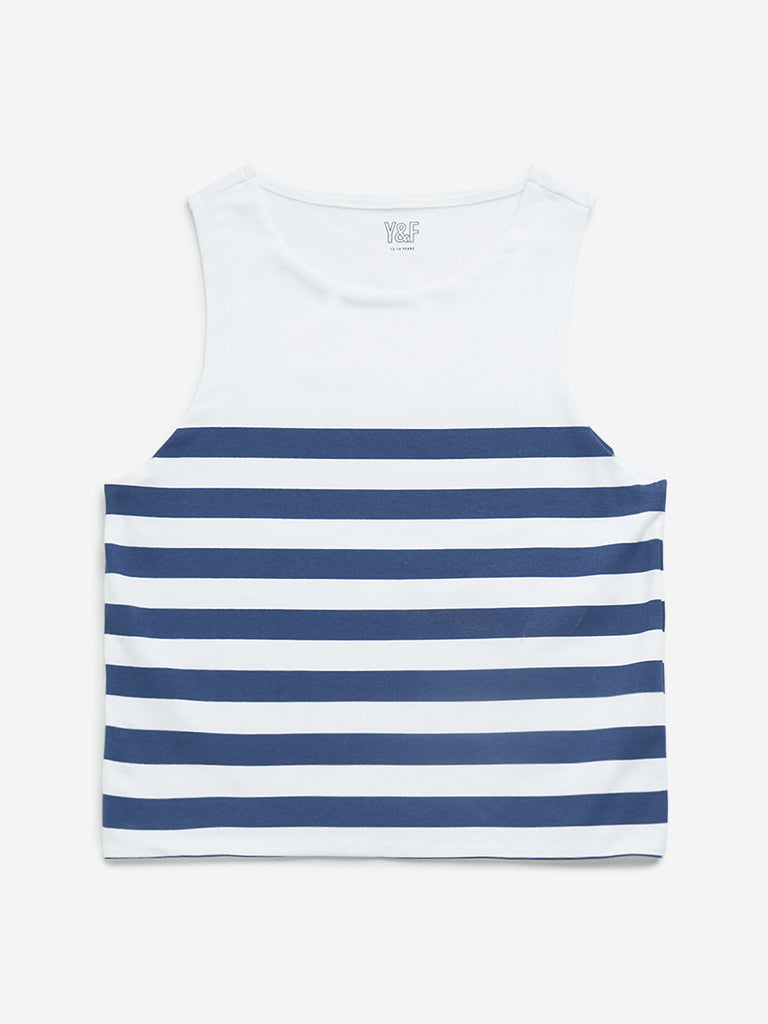 Westside Y&F Girl's Navy Striped Cotton T-Shirt for Casual Wear Front View