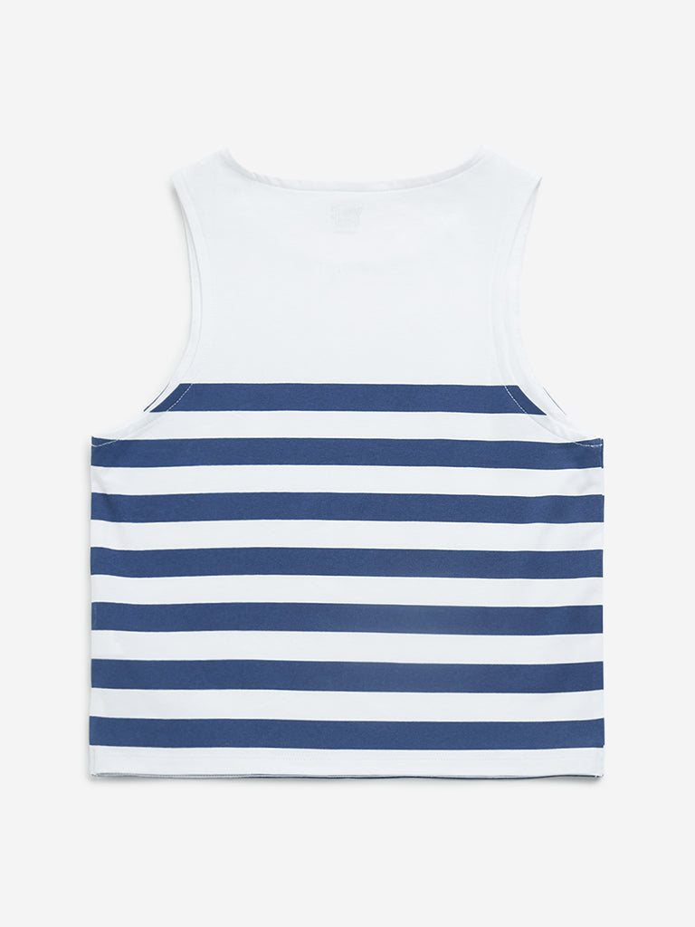 Westside Y&F Girl's Navy Striped Cotton T-Shirt for Casual Wear Back View