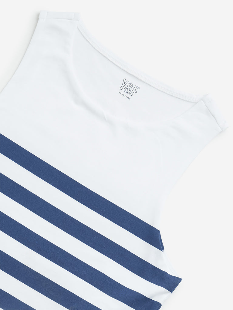 Westside Y&F Girl's Navy Striped Cotton T-Shirt for Casual Wear Zoomed View