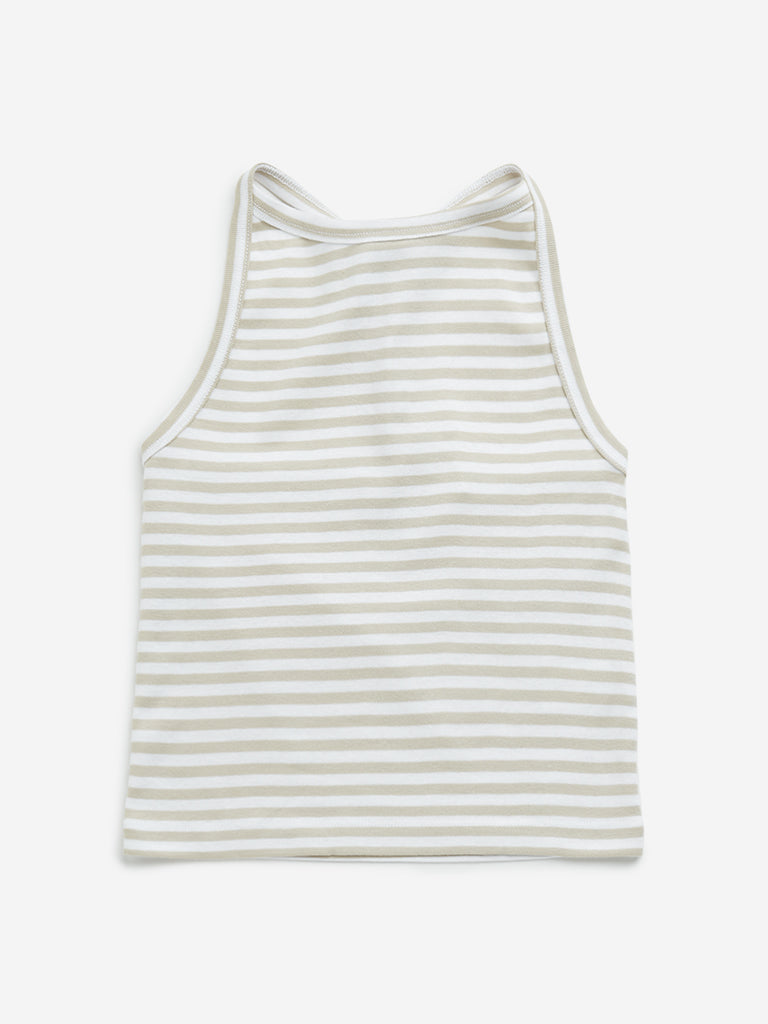 Westside Y&F Girl's Beige Striped Halter-Neck Cotton Top for Casual Wear Front View