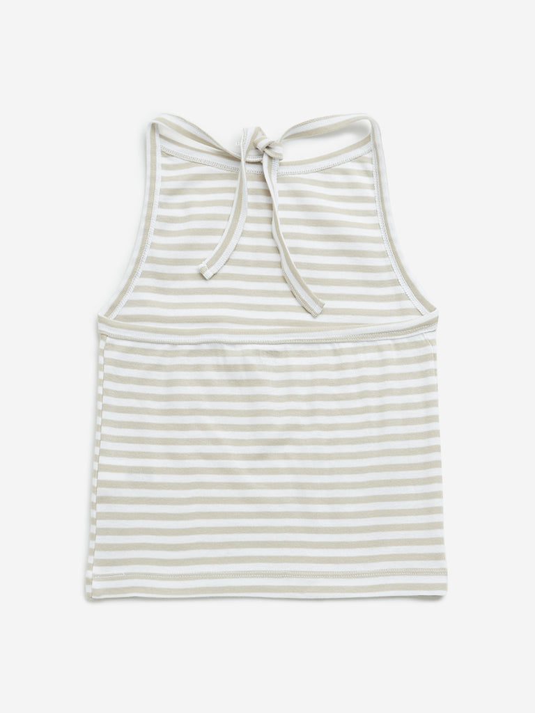 Westside Y&F Girl's Beige Striped Halter-Neck Cotton Top for Casual Wear Back View