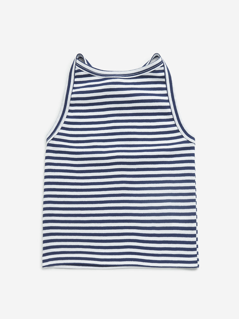 Westside Y&F Girl's Navy Striped Halter-Neck Cotton Top for Casual Wear Front View