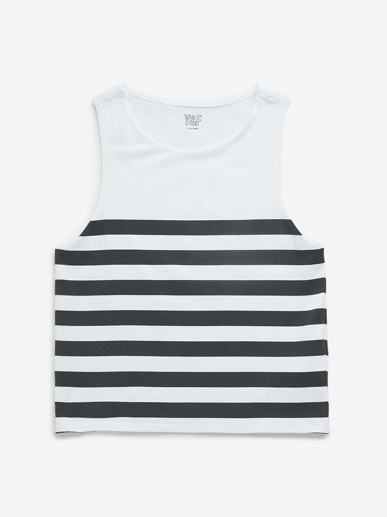 Westside Y&F Girl's Black Striped Cotton T-Shirt for Casual Wear Front View