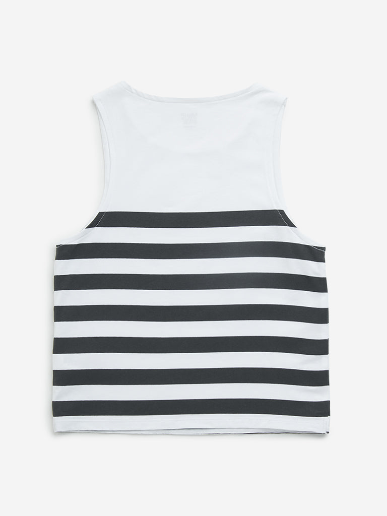 Westside Y&F Girl's Black Striped Cotton T-Shirt for Casual Wear Back View
