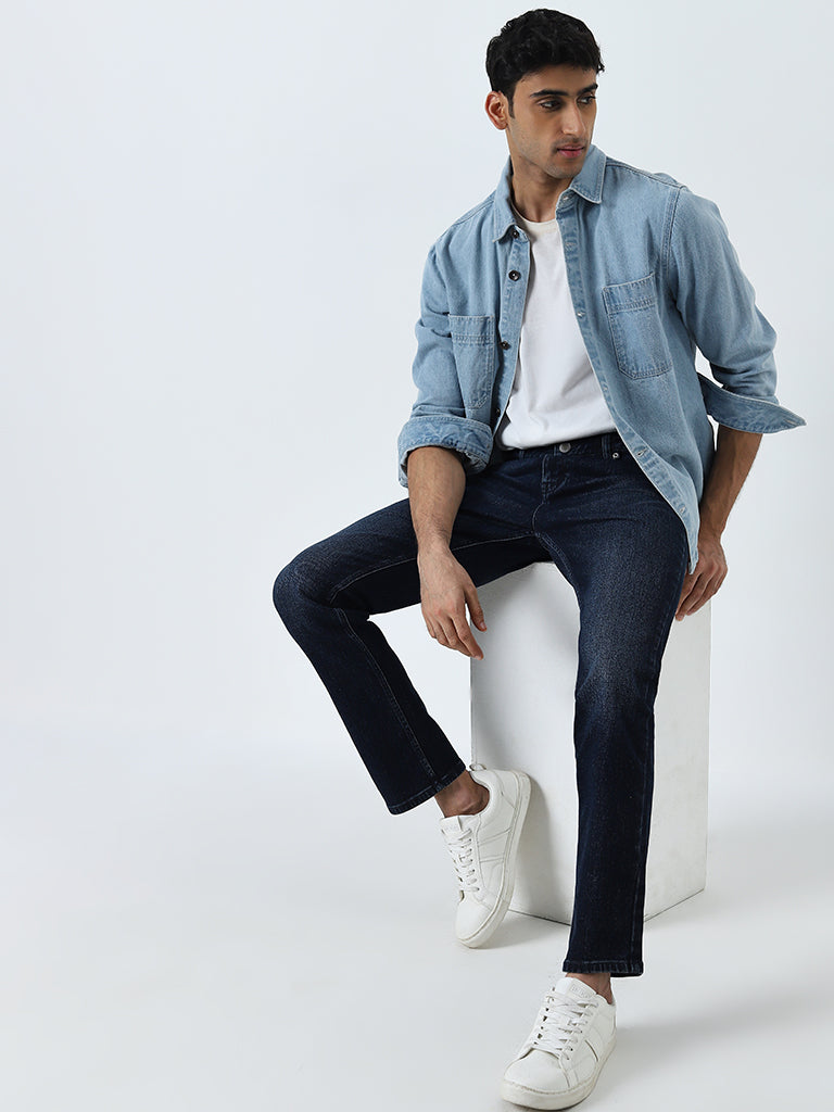 Westside WES Casuals Men's Dark Blue Faded Slim-Fit Mid-Rise Jeans for Casual Wear Full View