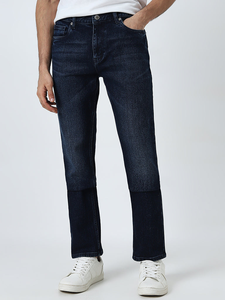 Westside WES Casuals Men's Dark Blue Faded Slim-Fit Mid-Rise Jeans for Casual Wear Front View