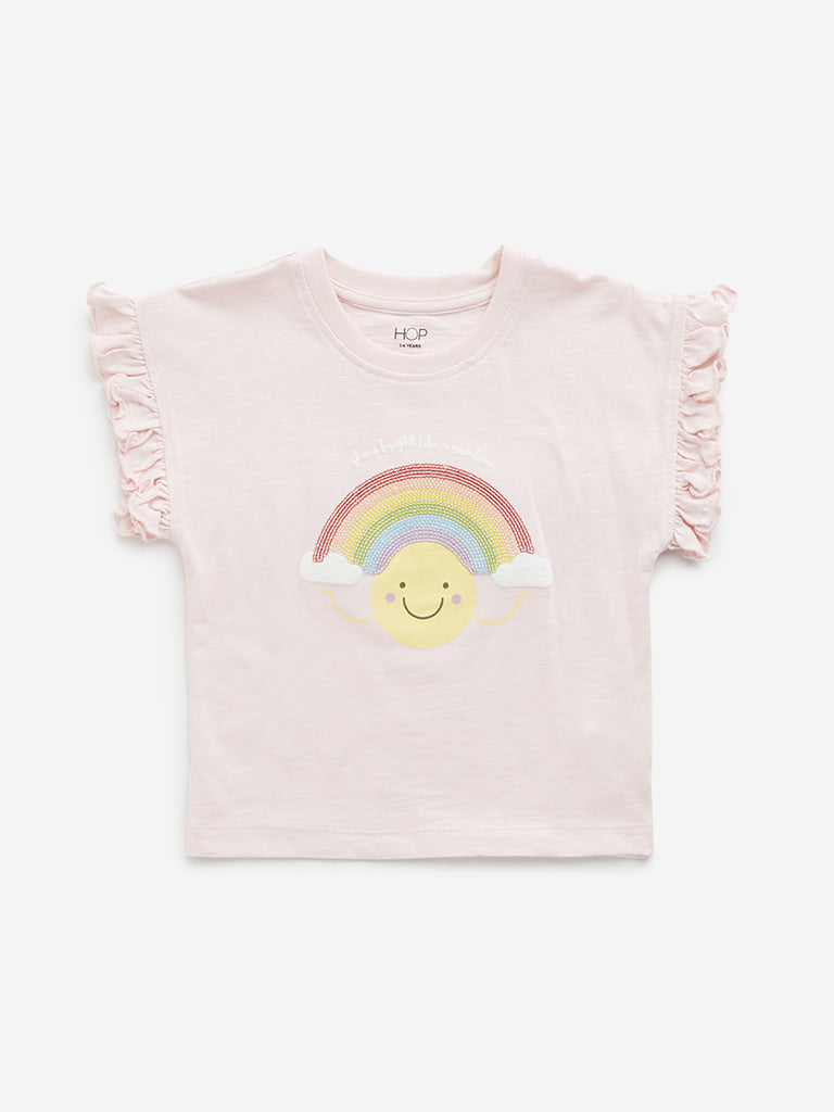 Westside HOP Kids Light Pink Rainbow Embellished Cotton T-Shirt for Casual Wear Front View