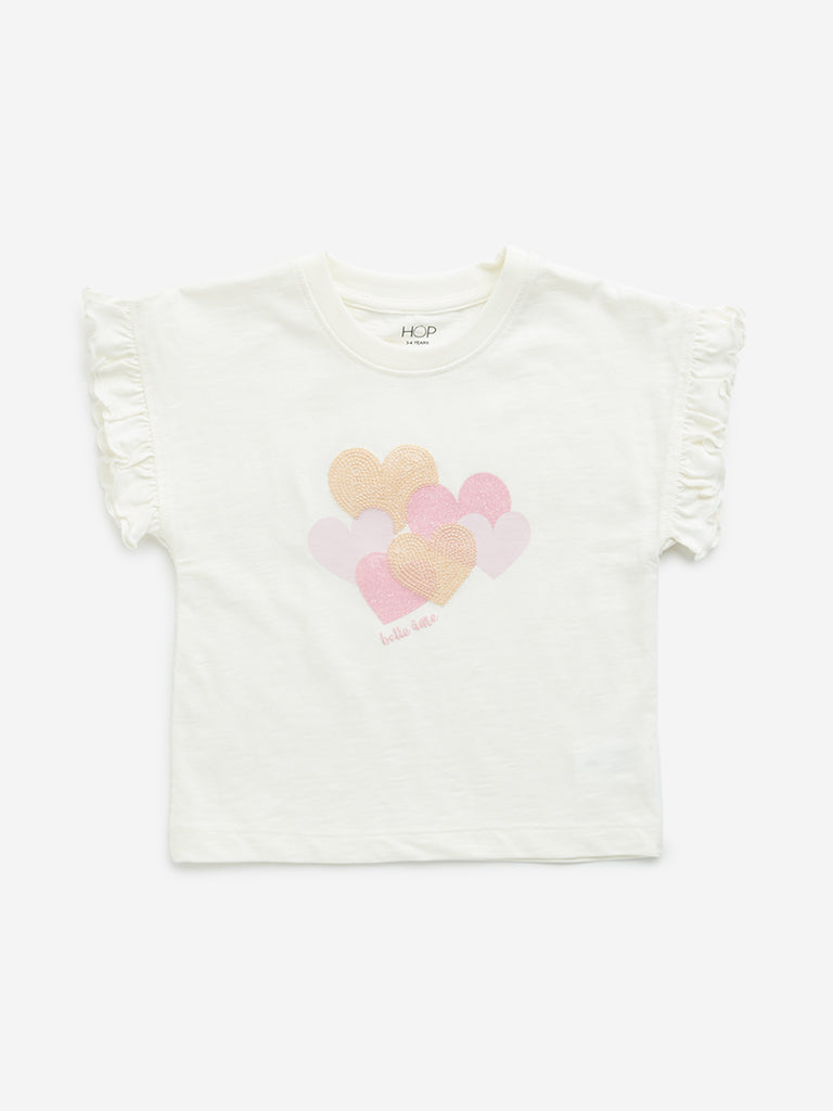Westside HOP Kids Off-White Heart Embellished Cotton T-Shirt for Casual Wear Front View