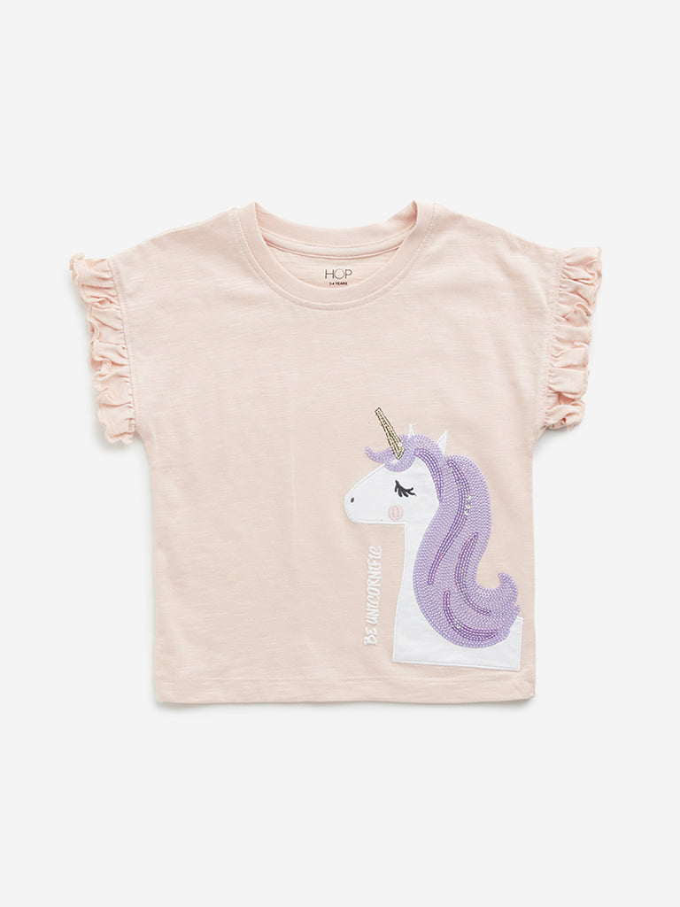 Westside HOP Kids Peach Unicorn Embellished Cotton T-Shirt for Casual Wear Front View