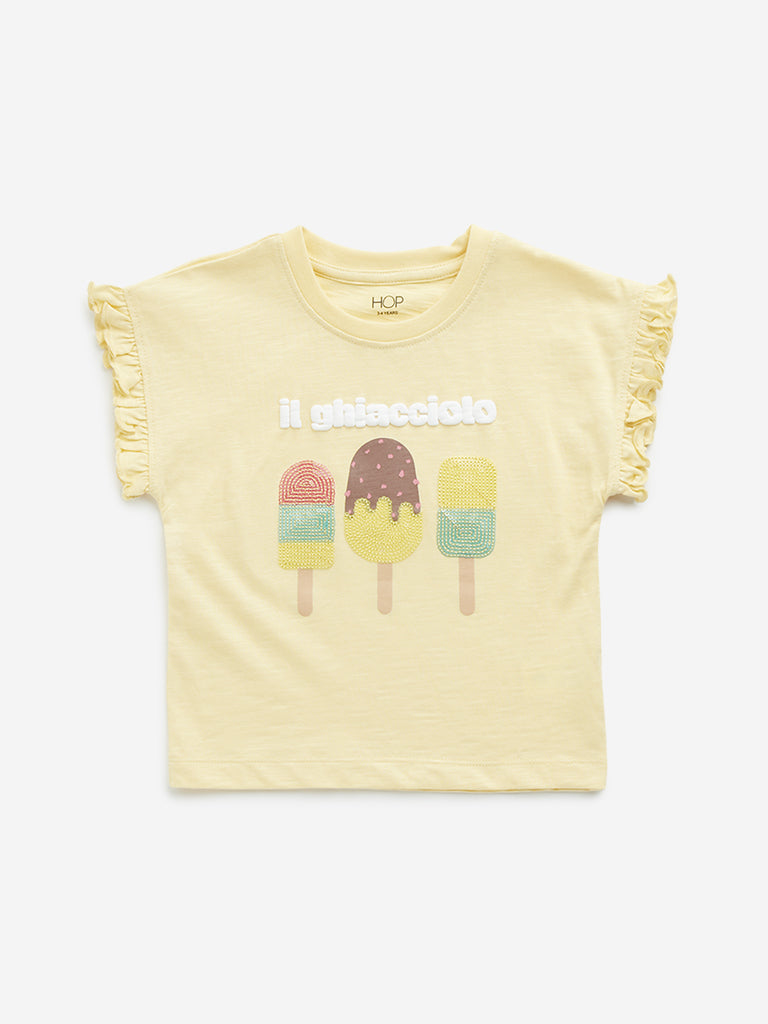 Westside HOP Kids Yellow Ice-Cream Embellished Cotton T-Shirt for Casual Wear Front View