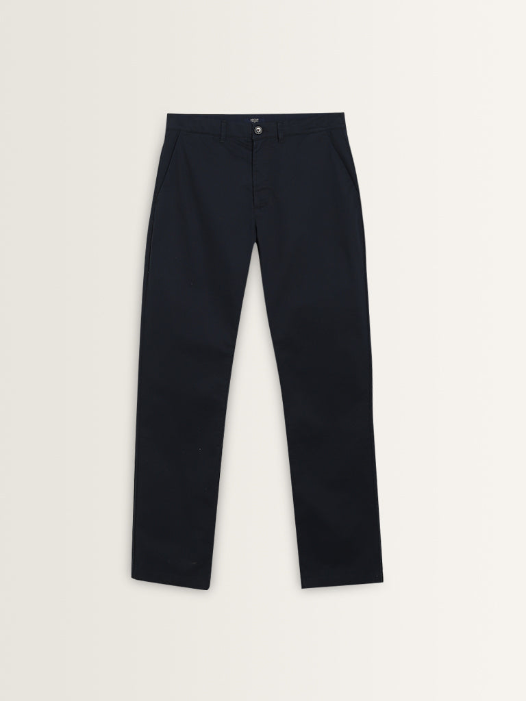 Westside Ascot Men's Navy Solid Relaxed-Fit Mid-Rise Cotton-Blend Chinos for Casual Wear Flatly Front view