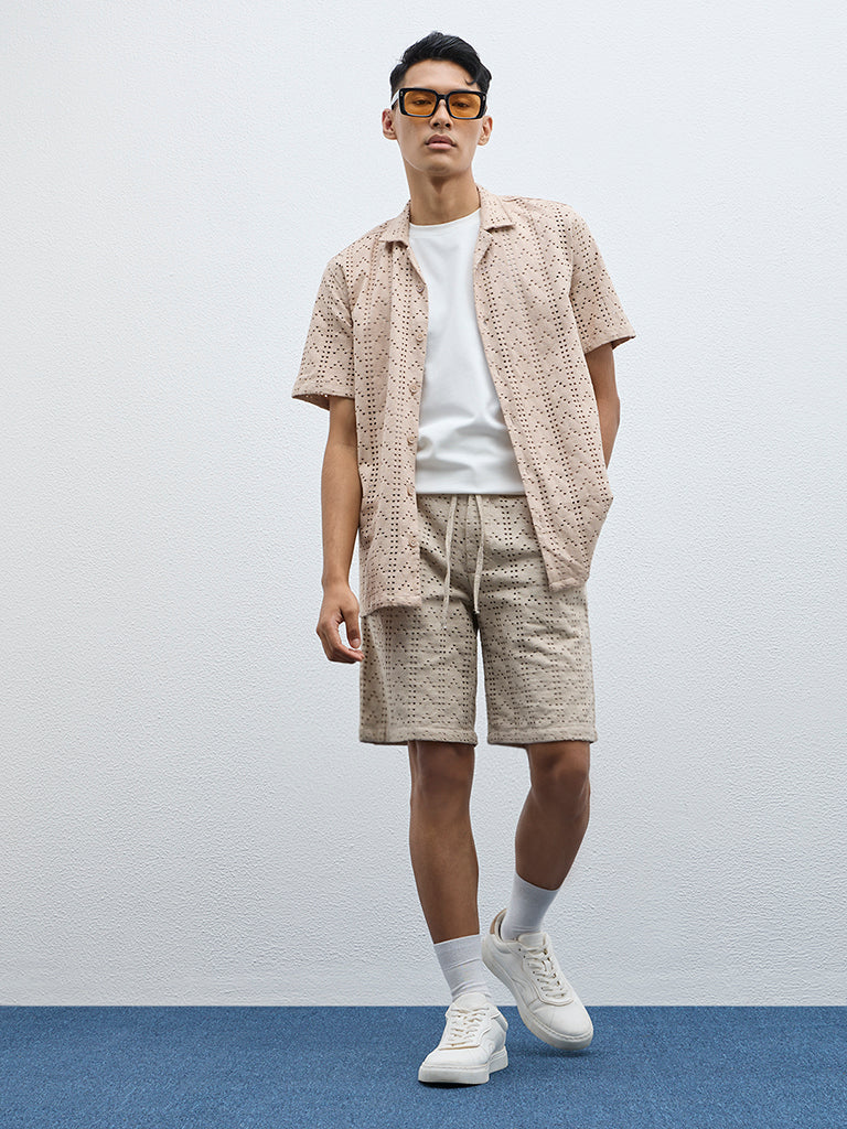Westside ETA Men's Taupe Cut-Out Detailed Mid-Rise Cotton-Blend Shorts for Casual Wear Full View