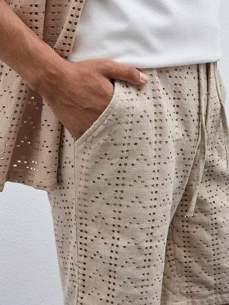 Westside ETA Men's Taupe Cut-Out Detailed Mid-Rise Cotton-Blend Shorts for Casual Wear Zoomed View