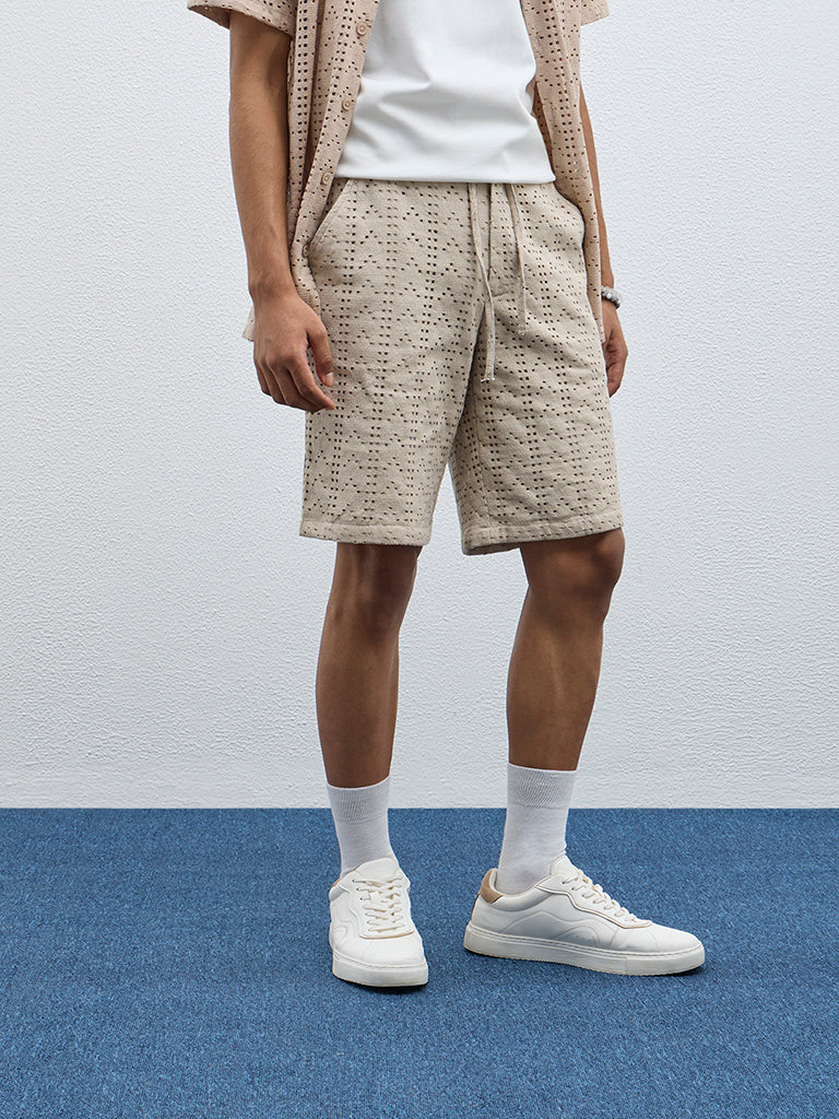 Westside ETA Men's Taupe Cut-Out Detailed Mid-Rise Cotton-Blend Shorts for Casual Wear Front View