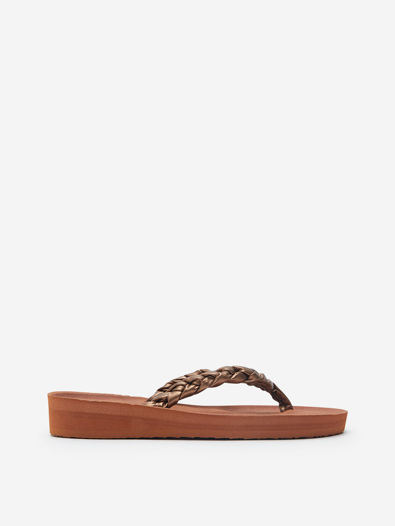 Westside LUNA BLU Women's Tan Braid Pattern Flip-Flops Side View