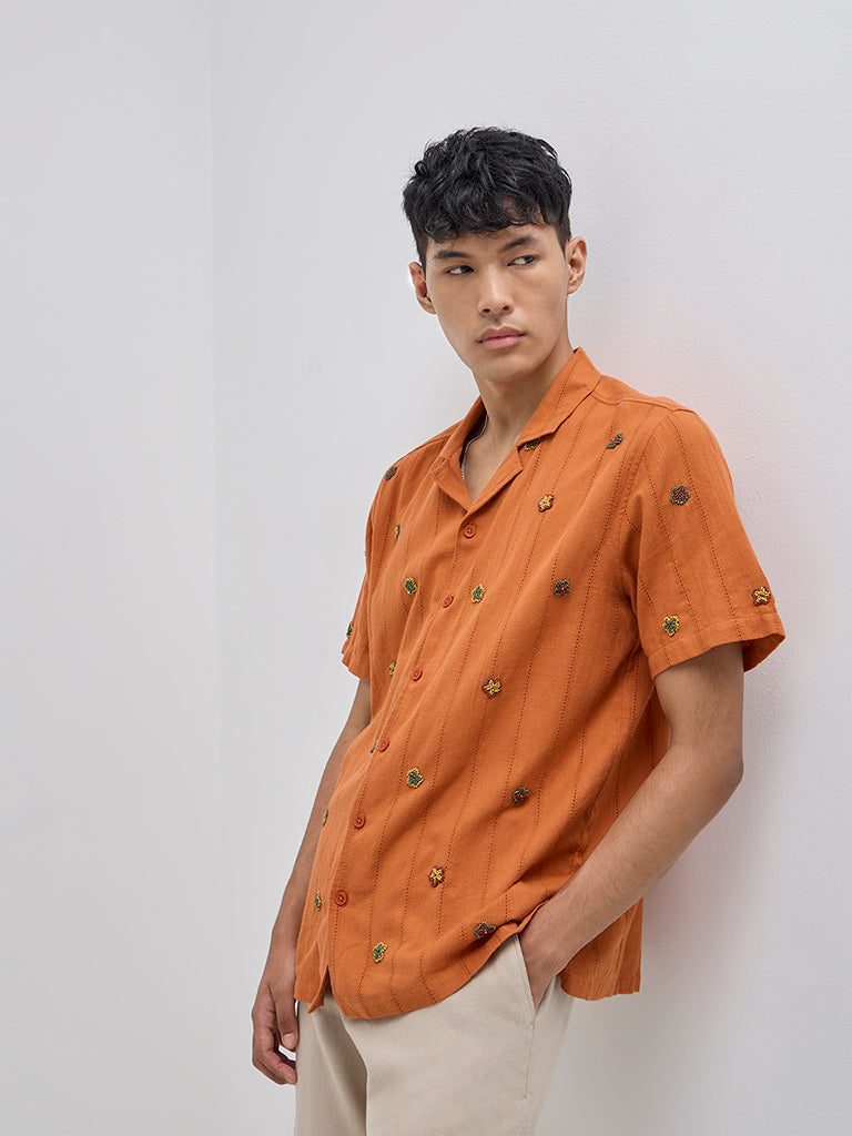 Westside ETA Men's Orange Floral Embroidered Relaxed-Fit Cotton Shirt for Casual Wear Front view