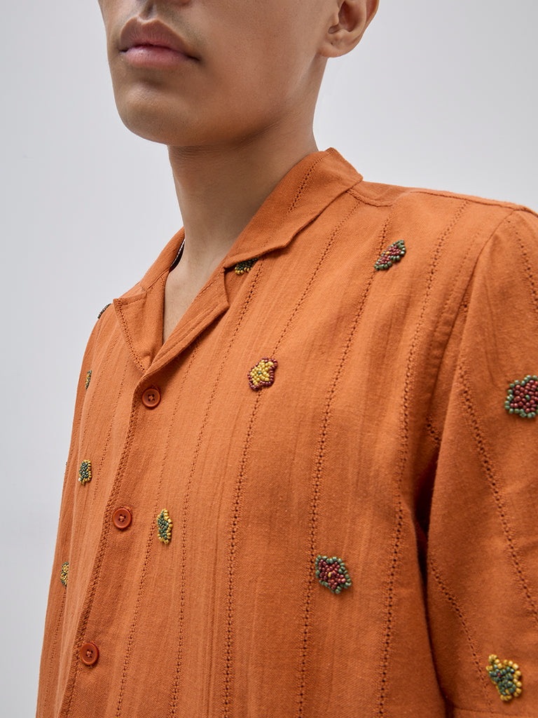 Westside ETA Men's Orange Floral Embroidered Relaxed-Fit Cotton Shirt for Casual Wear Zoomed View