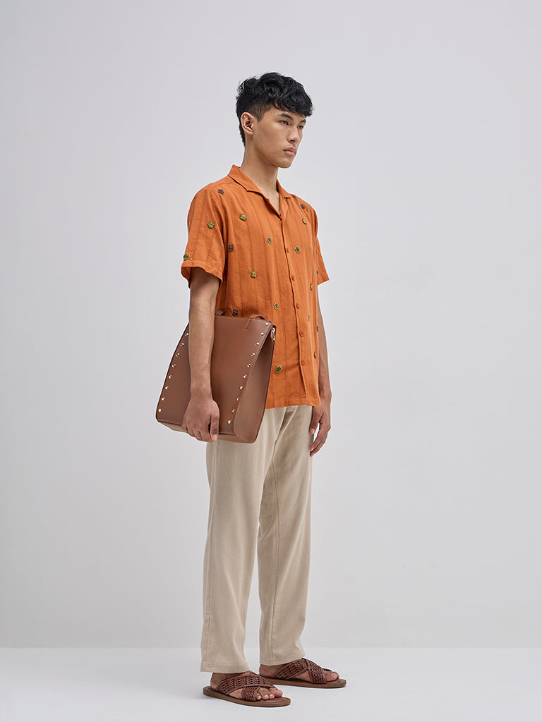 Westside ETA Men's Orange Floral Embroidered Relaxed-Fit Cotton Shirt for Casual Wear Full View