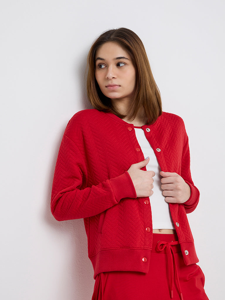 Westside Studiofit Women's Red Chevron Textured Jacket for Sports Wear Front View