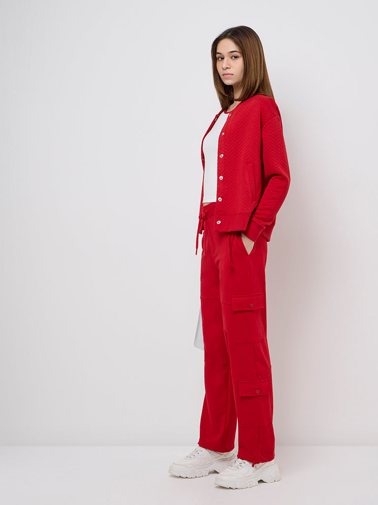 Westside Studiofit Women's Red Chevron Textured Jacket for Sports Wear Full View