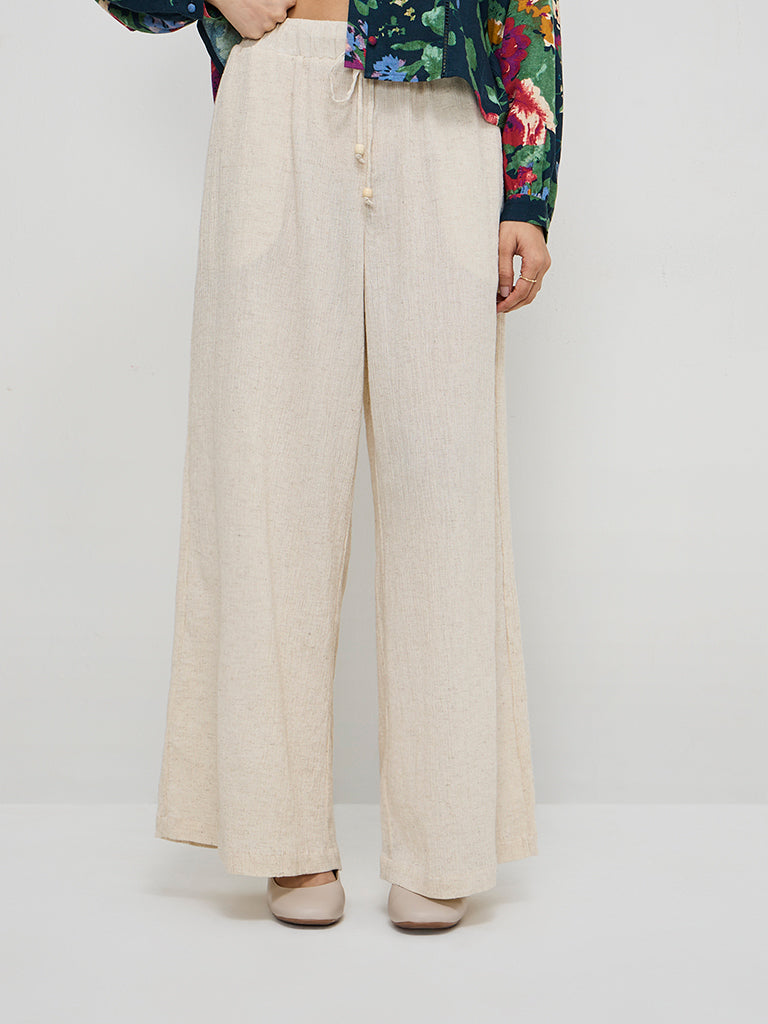 LOV Beige Crinkle-Textured High-Rise Cotton Blend Pants