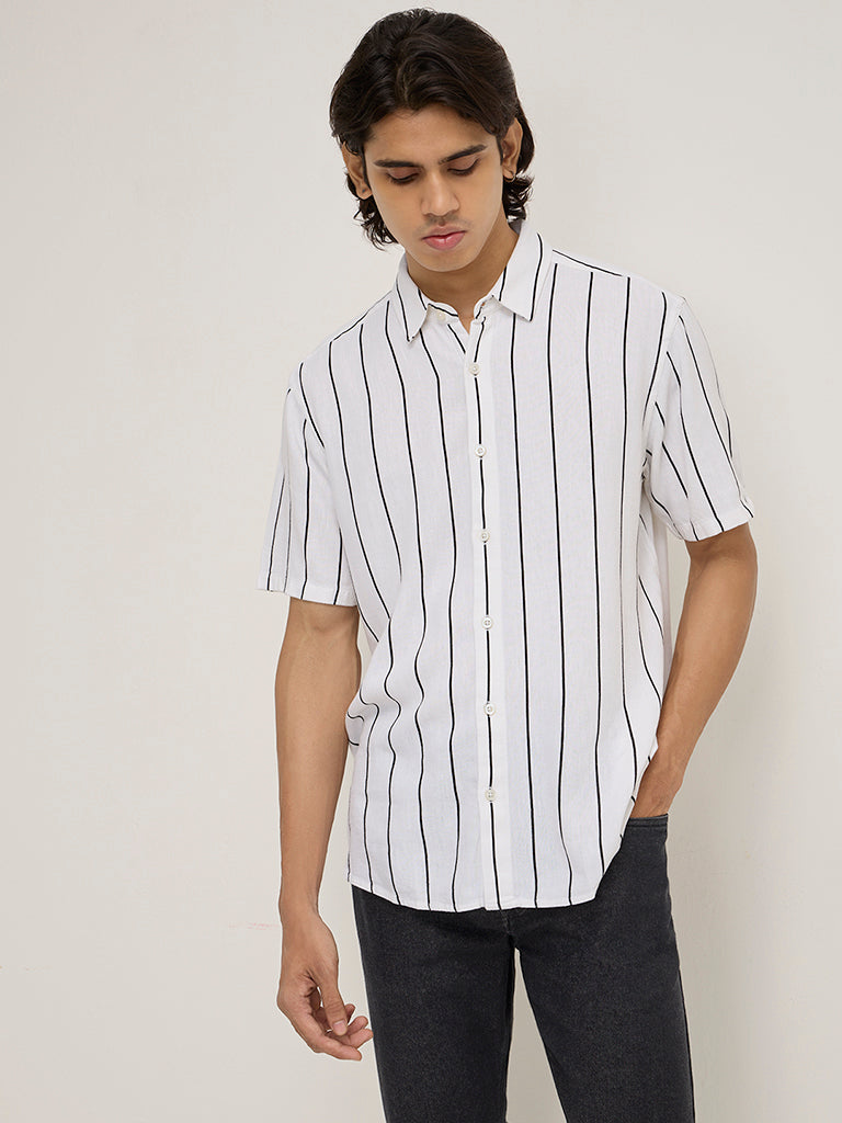 Westside Ascot Men's Off-White Pinstriped Relaxed-Fit Shirt for Casual Wear Front View