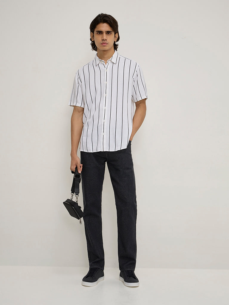 Westside Ascot Men's Off-White Pinstriped Relaxed-Fit Shirt for Casual Wear Full View