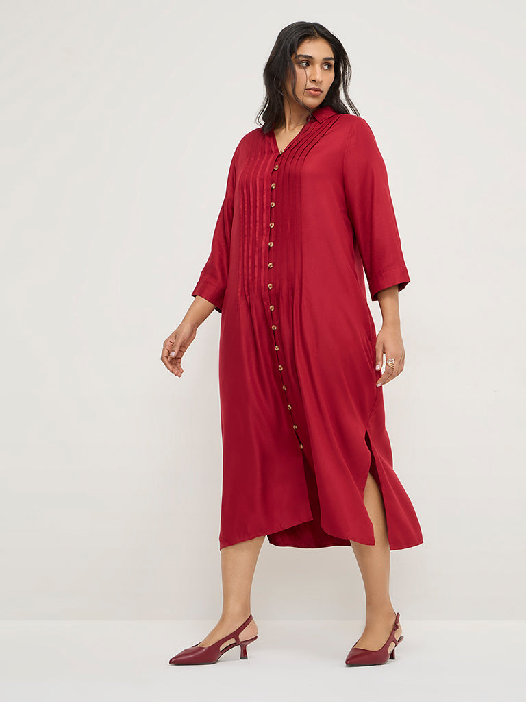 Gia Red Pintuck-Detailed Shirt Dress