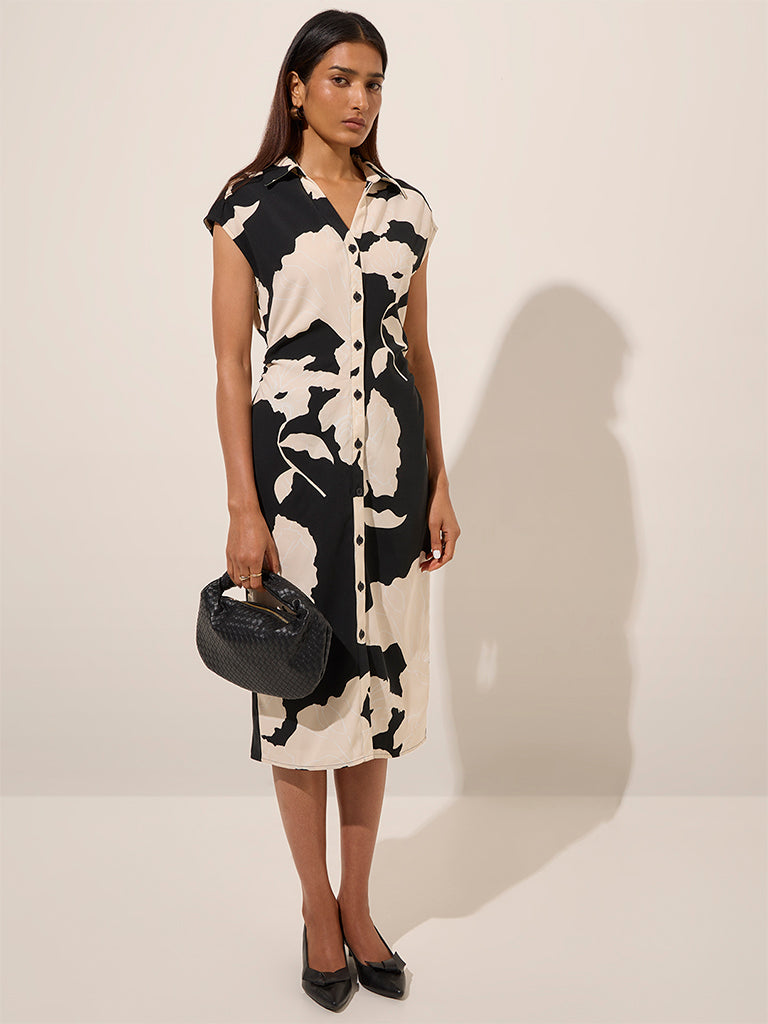 Westside Wardrobe Women's Black Floral Printed Straight Dress for Work Wear Front View
