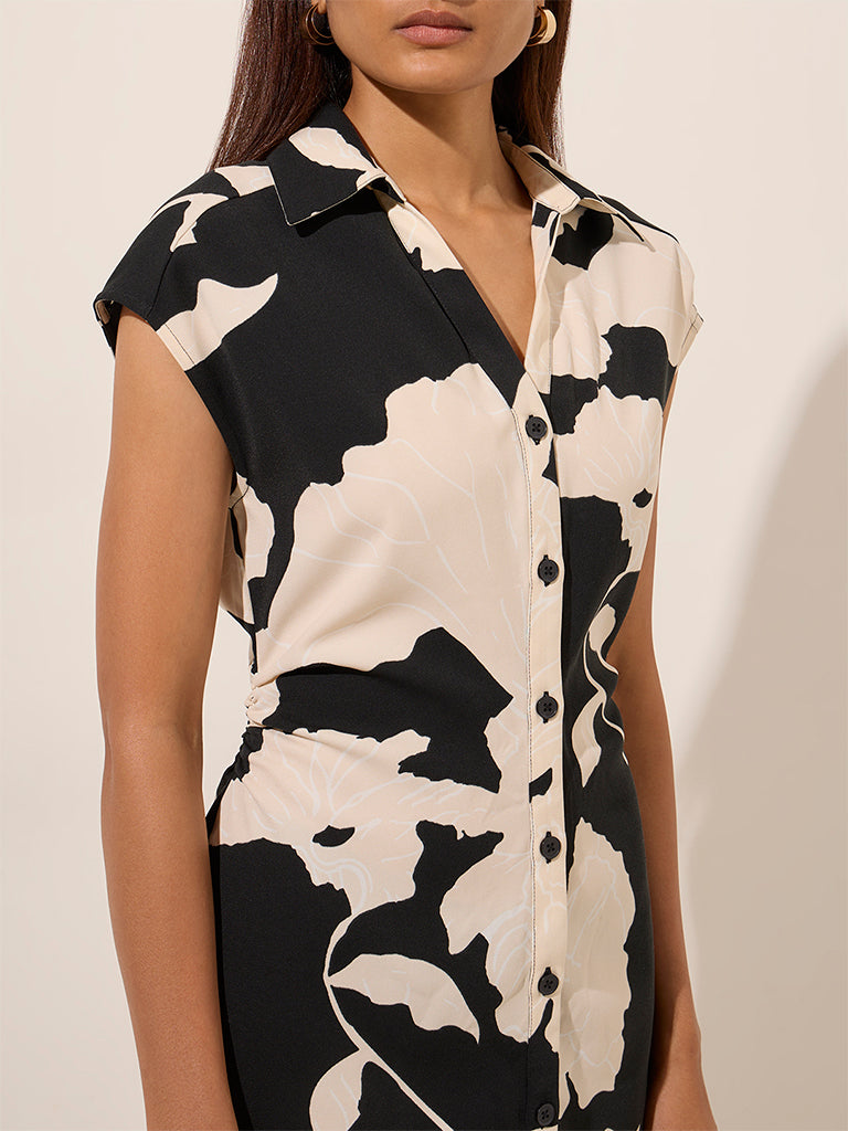 Westside Wardrobe Women's Black Floral Printed Straight Dress for Work Wear Zoomed View
