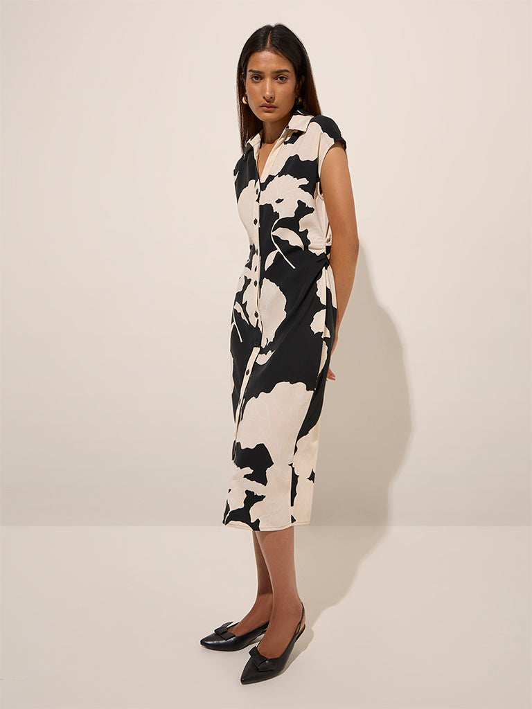 Westside Wardrobe Women's Black Floral Printed Straight Dress for Work Wear Full View