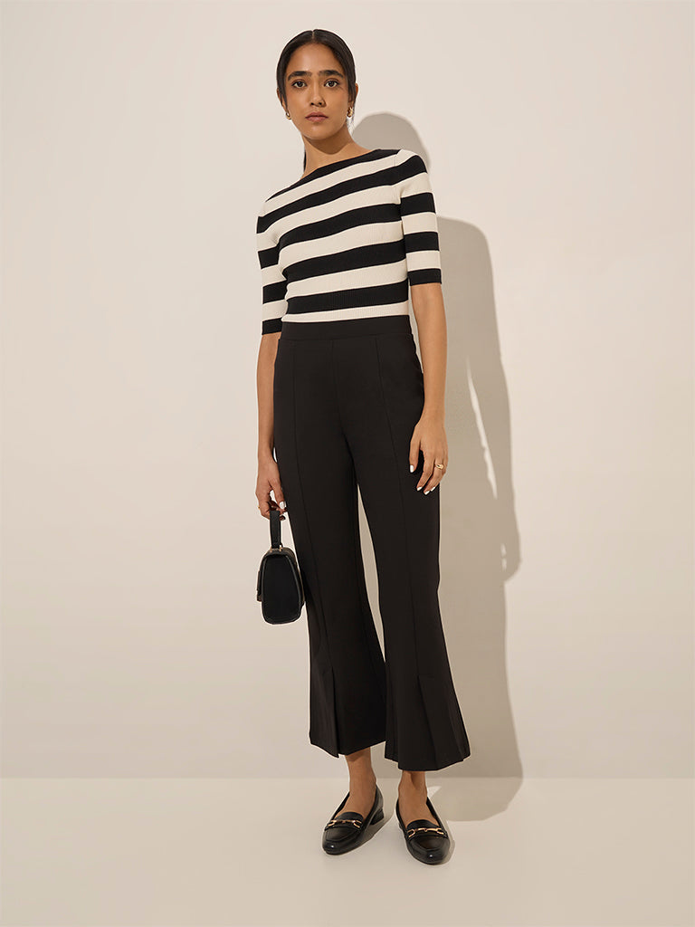 Westside Wardrobe Women's Black Slit-Detailed High-Rise Bootcut Trousers for Work Wear Full View