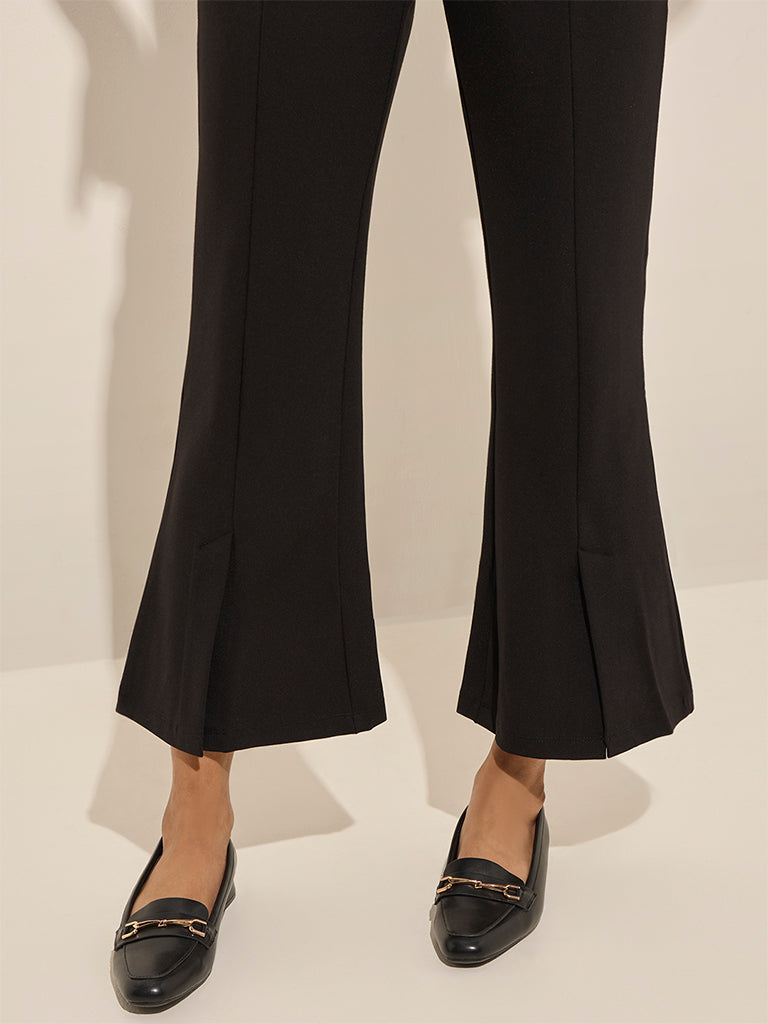 Westside Wardrobe Women's Black Slit-Detailed High-Rise Bootcut Trousers for Work Wear Zoomed View