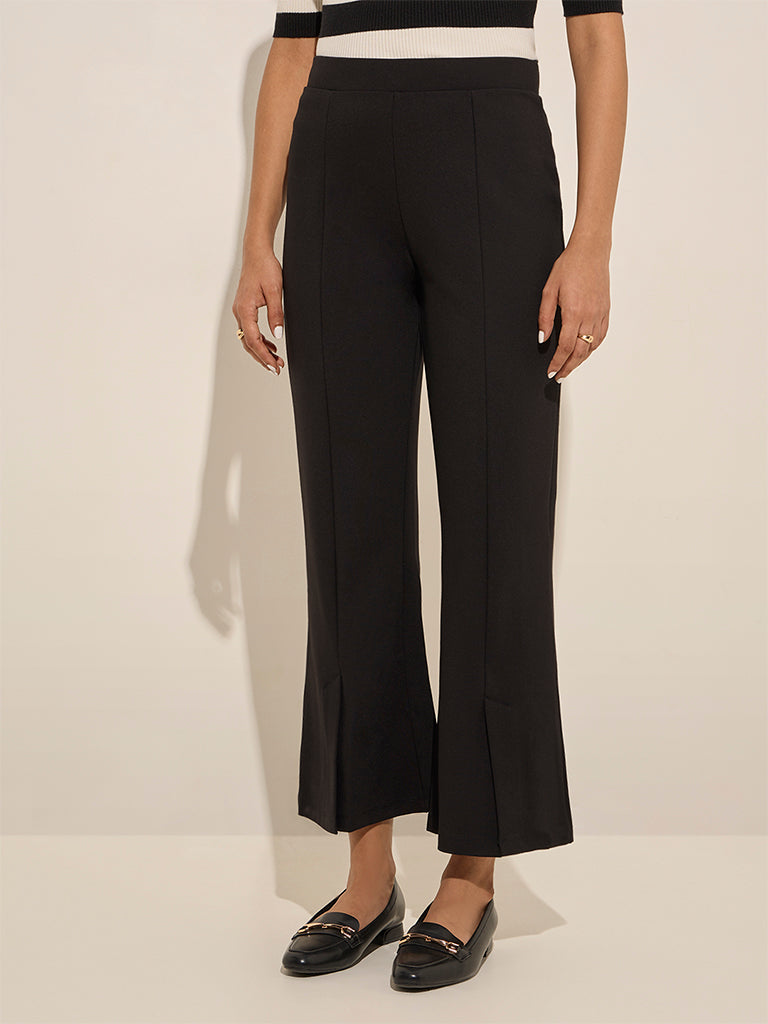 Westside Wardrobe Women's Black Slit-Detailed High-Rise Bootcut Trousers for Work Wear Front View