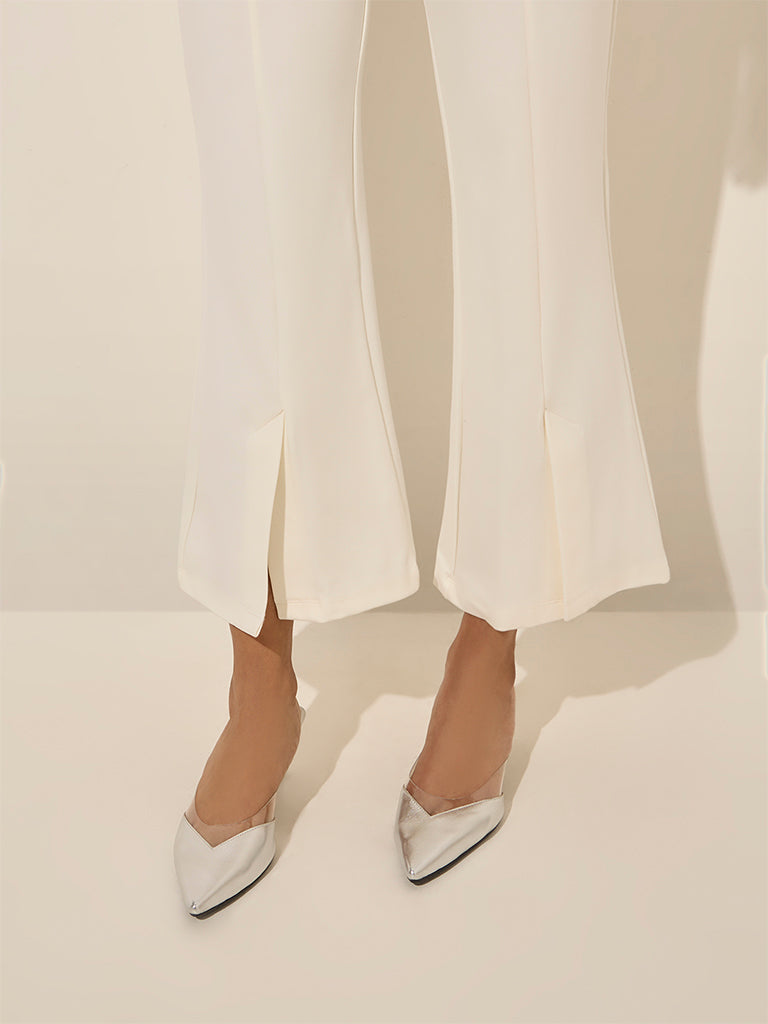 Westside Wardrobe Women's Off-White Slit-Detailed High-Rise Bootcut Trousers for Work Wear Zoomed View
