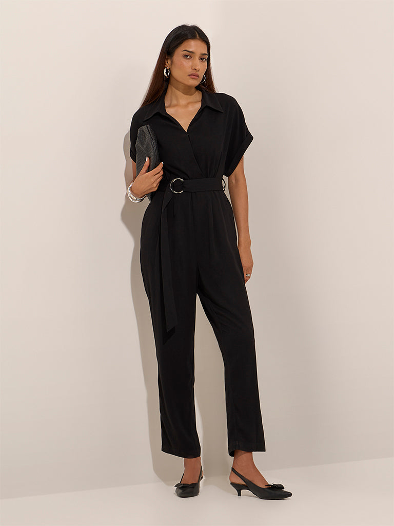Westside Wardrobe Women's Black Solid Jumpsuit with Belt for Work Wear Front View