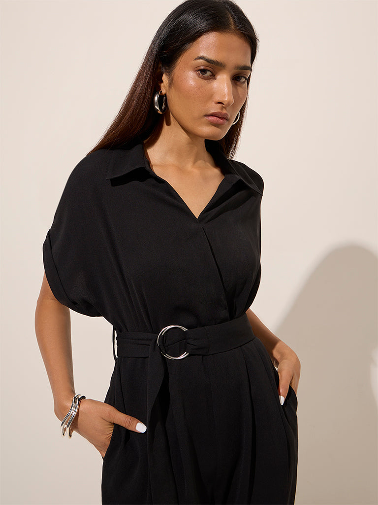 Westside Wardrobe Women's Black Solid Jumpsuit with Belt for Work Wear Zoomed View