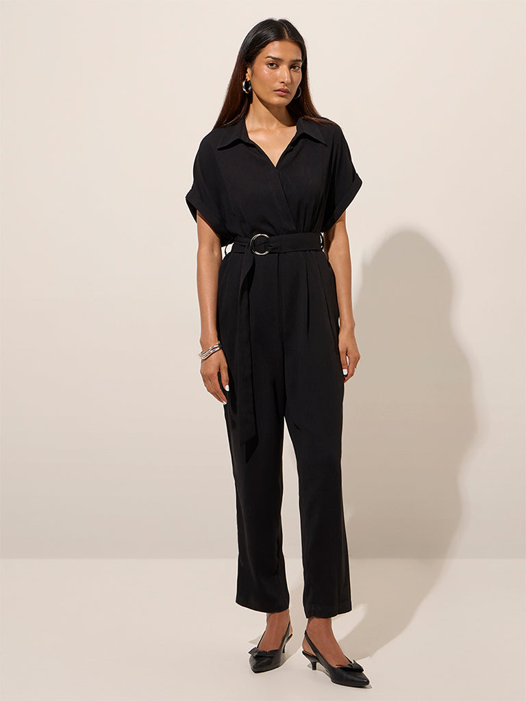 Westside Wardrobe Women's Black Solid Jumpsuit with Belt for Work Wear Full View