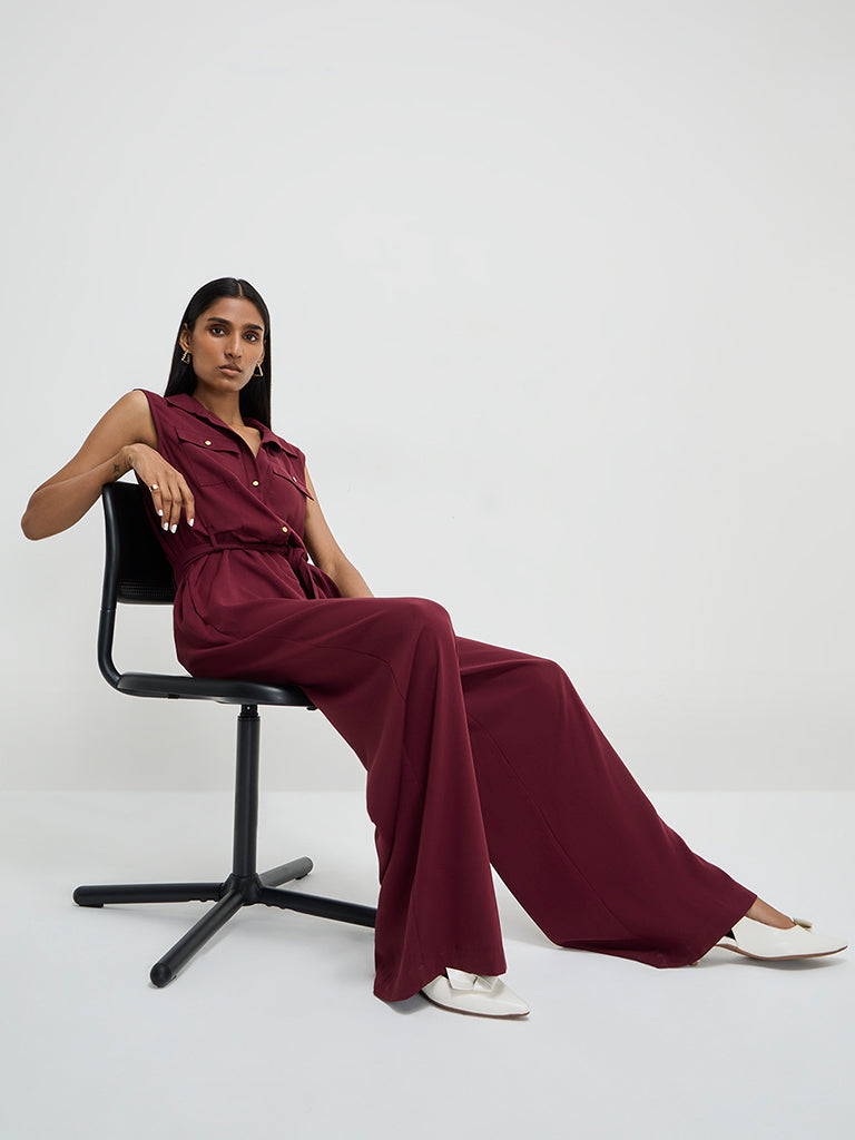 Westside Wardrobe Women's Burgundy Jumpsuit with Belt for Work Wear Front View