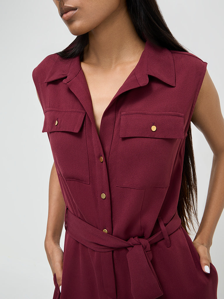 Westside Wardrobe Women's Burgundy Jumpsuit with Belt for Work Wear Zoomed View