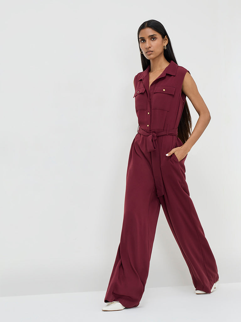Westside Wardrobe Women's Burgundy Jumpsuit with Belt for Work Wear Full View