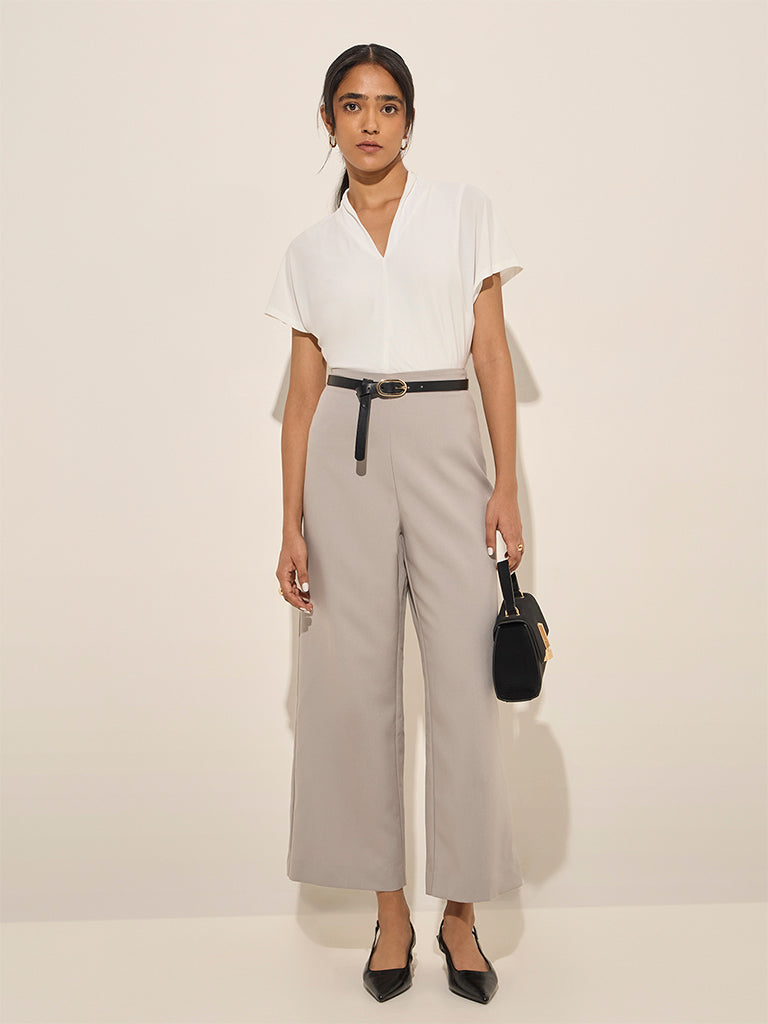 Westside Wardrobe Women's Grey High-Rise Flared Trousers for Work Wear Full View