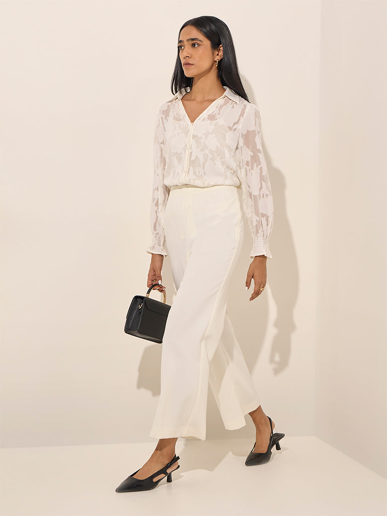 Westside Wardrobe Women's Ivory High-Rise Flared Trousers for Work Wear Full View
