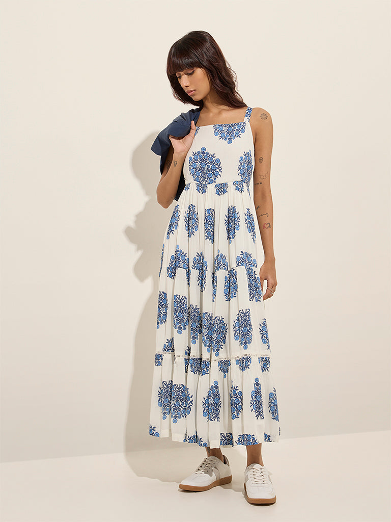 Westside Bombay Paisley Women's Off-White Floral Tiered Dress with Jacket for Everyday Front View