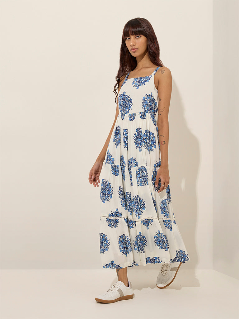 Westside Bombay Paisley Women's Off-White Floral Tiered Dress with Jacket for Everyday Full View