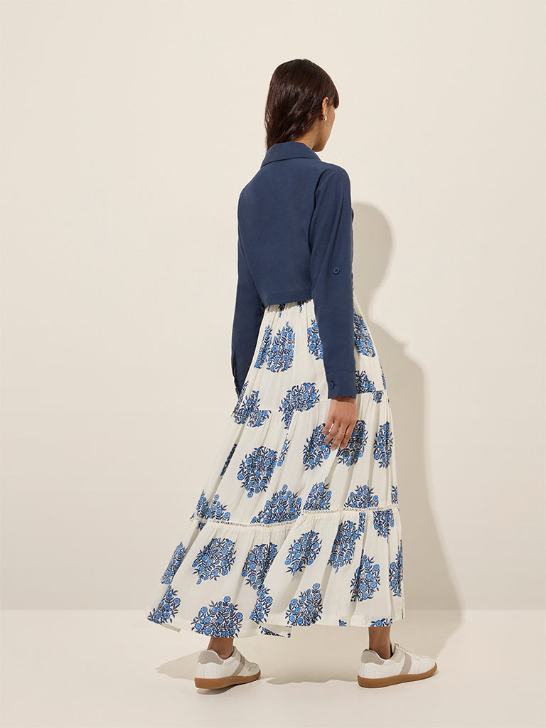 Westside Bombay Paisley Women's Off-White Floral Tiered Dress with Jacket for Everyday Back View