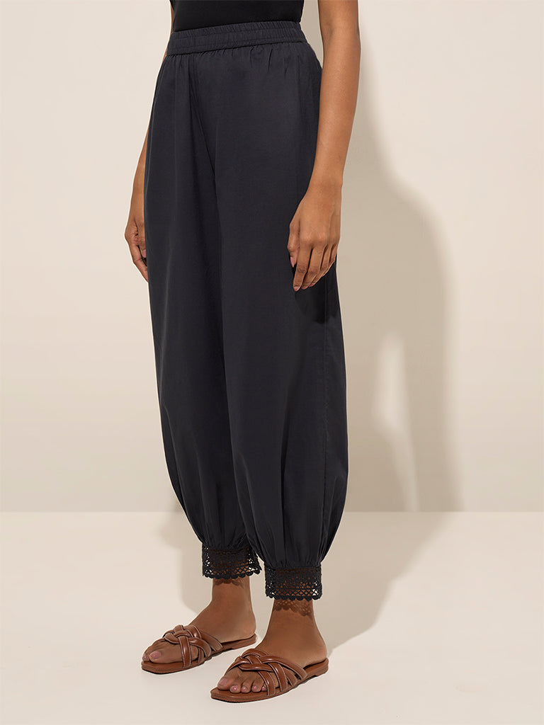 Westside Utsa Women's Black Crochet-Detailed Harem-Style Cotton Pants for Everyday Front View