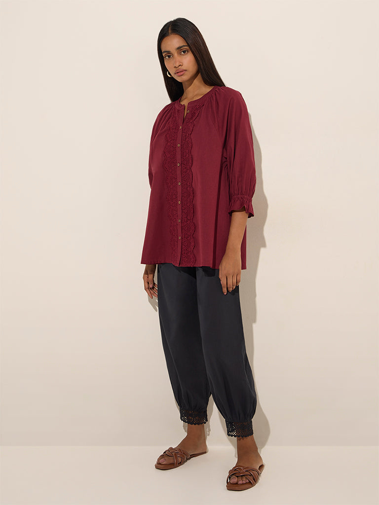 Westside Utsa Women's Black Crochet-Detailed Harem-Style Cotton Pants for Everyday Full View