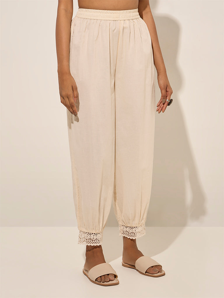 Westside Utsa Women's Light Beige Crochet-Detailed Harem-Style Ethnic Pants for Everyday Front View
